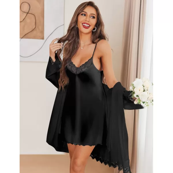 imageEkouaer Lingerie for Women 2 Pack Silk Nightgowns Babydoll Negligee Sexy Slip Nighty Satin Chemise Teddy SleepwearBlackwine Red