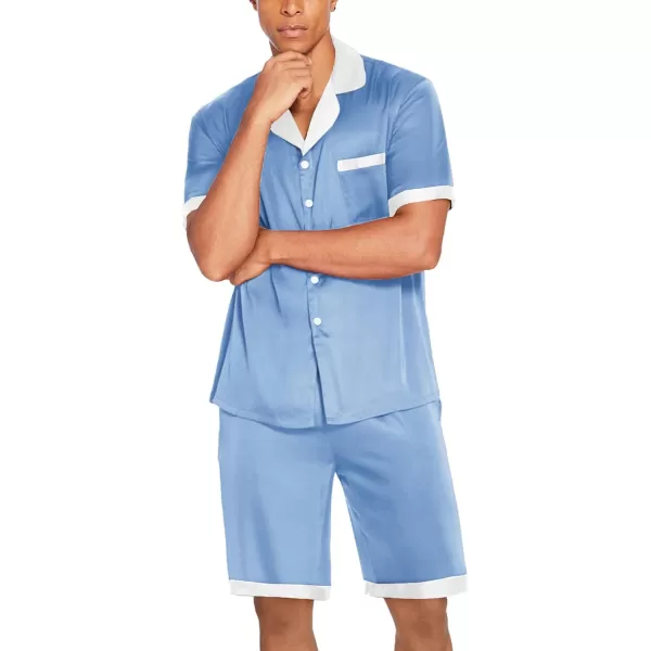 imageEkouaer Men Satin Silk Pajamas Set with Pockets Sleepwear Shorts Satin Summer Loungewear 2 Piece Button Down Set SXXLBlue