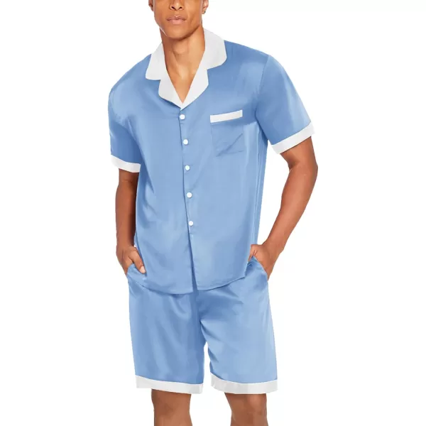 imageEkouaer Men Satin Silk Pajamas Set with Pockets Sleepwear Shorts Satin Summer Loungewear 2 Piece Button Down Set SXXLBlue