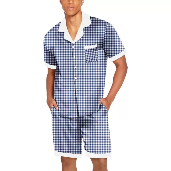 imageEkouaer Men Satin Silk Pajamas Set with Pockets Sleepwear Shorts Satin Summer Loungewear 2 Piece Button Down Set SXXLBlue Plaid