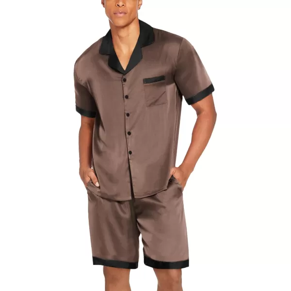 imageEkouaer Men Satin Silk Pajamas Set with Pockets Sleepwear Shorts Satin Summer Loungewear 2 Piece Button Down Set SXXLBrown