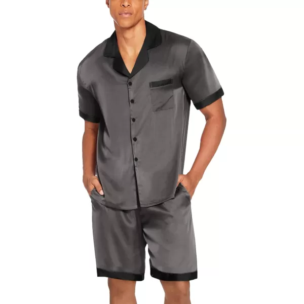 imageEkouaer Men Satin Silk Pajamas Set with Pockets Sleepwear Shorts Satin Summer Loungewear 2 Piece Button Down Set SXXLDark Grey