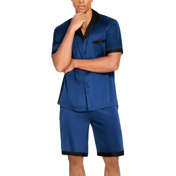 imageEkouaer Men Satin Silk Pajamas Set with Pockets Sleepwear Shorts Satin Summer Loungewear 2 Piece Button Down Set SXXLNavy Blue