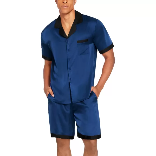 imageEkouaer Men Satin Silk Pajamas Set with Pockets Sleepwear Shorts Satin Summer Loungewear 2 Piece Button Down Set SXXLNavy Blue