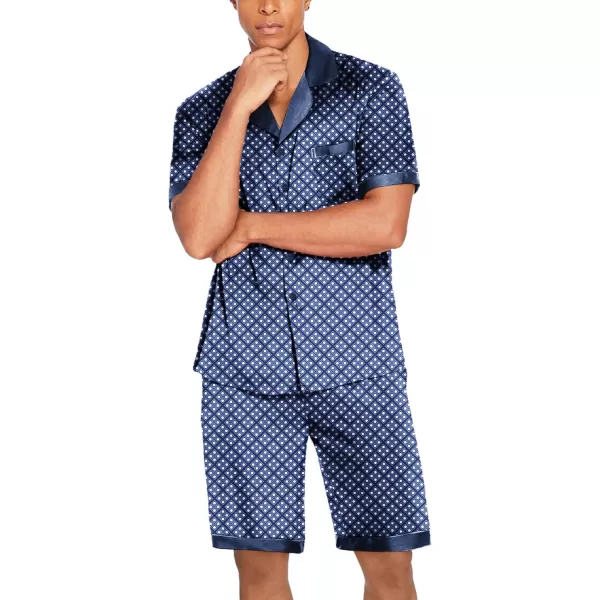 imageEkouaer Men Satin Silk Pajamas Set with Pockets Sleepwear Shorts Satin Summer Loungewear 2 Piece Button Down Set SXXLNavy Blue Geometry