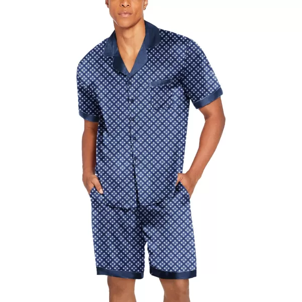 imageEkouaer Men Satin Silk Pajamas Set with Pockets Sleepwear Shorts Satin Summer Loungewear 2 Piece Button Down Set SXXLNavy Blue Geometry