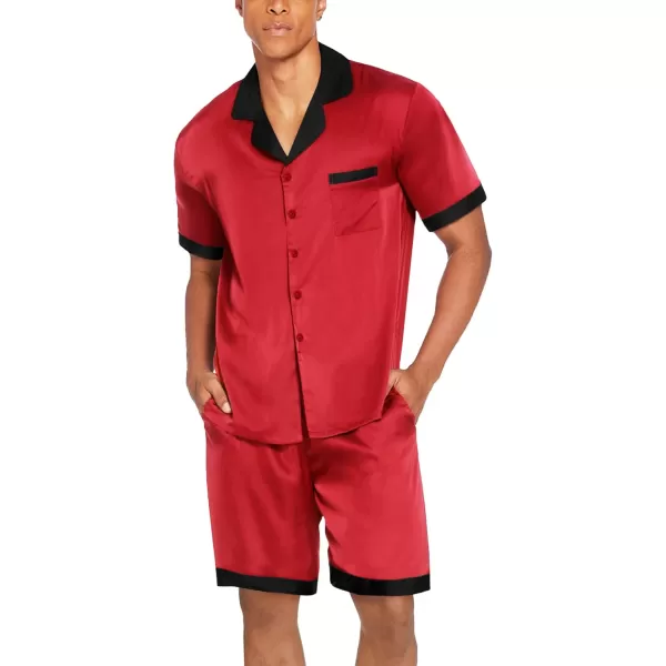 imageEkouaer Men Satin Silk Pajamas Set with Pockets Sleepwear Shorts Satin Summer Loungewear 2 Piece Button Down Set SXXLRed