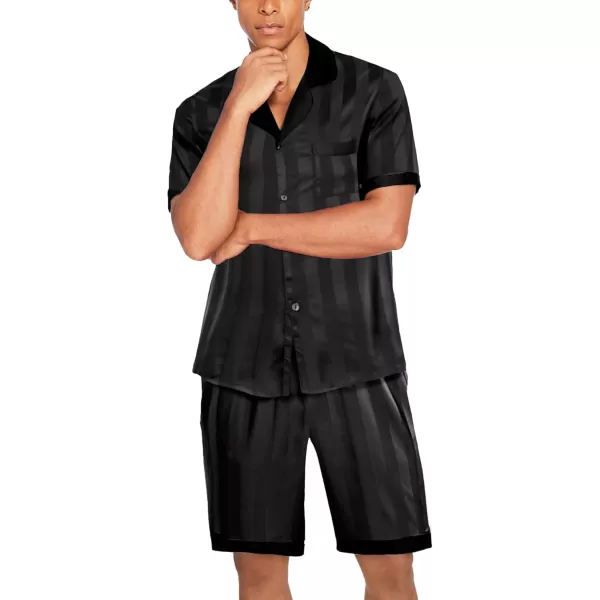 imageEkouaer Men Satin Silk Pajamas Set with Pockets Sleepwear Shorts Satin Summer Loungewear 2 Piece Button Down Set SXXLStripe Black