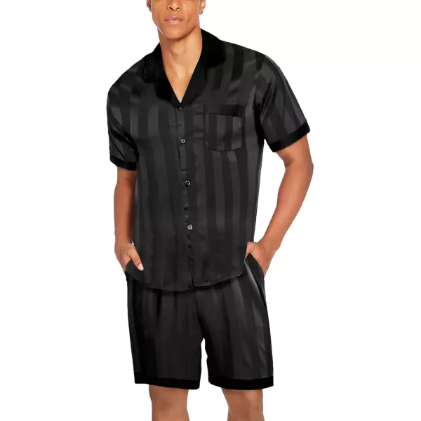 imageEkouaer Men Satin Silk Pajamas Set with Pockets Sleepwear Shorts Satin Summer Loungewear 2 Piece Button Down Set SXXLStripe Black