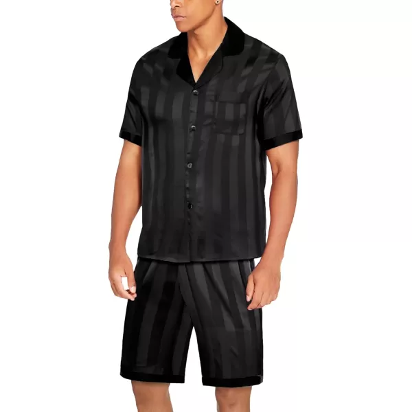 imageEkouaer Men Satin Silk Pajamas Set with Pockets Sleepwear Shorts Satin Summer Loungewear 2 Piece Button Down Set SXXLStripe Black
