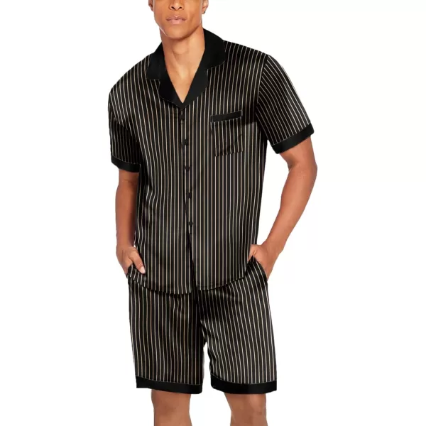 imageEkouaer Men Satin Silk Pajamas Set with Pockets Sleepwear Shorts Satin Summer Loungewear 2 Piece Button Down Set SXXLStripe Black Gold