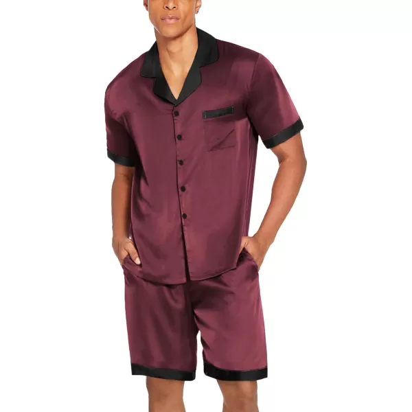 imageEkouaer Men Satin Silk Pajamas Set with Pockets Sleepwear Shorts Satin Summer Loungewear 2 Piece Button Down Set SXXLWine Red