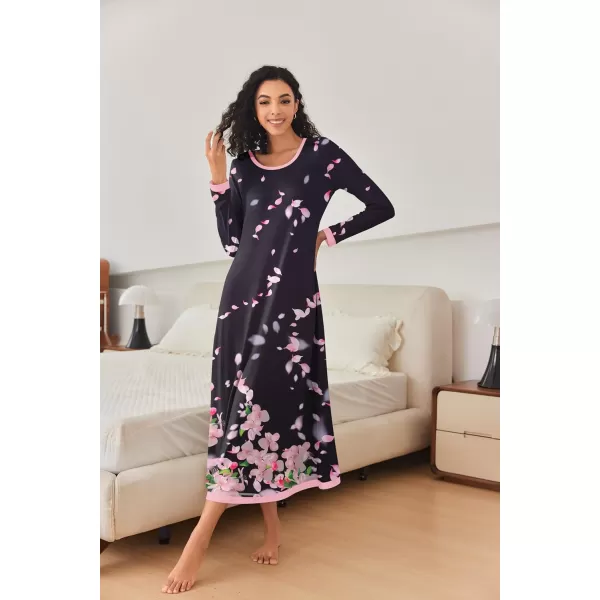 imageEkouaer Nightgown Women Long Sleeve Sleepwear Full Length Long Nightshirt Soft Loungewear S4XLBlack Floral