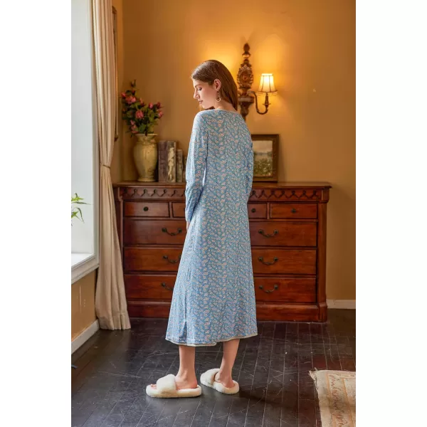 imageEkouaer Nightgown Women Long Sleeve Sleepwear Full Length Long Nightshirt Soft Loungewear S4XLBlue Floral