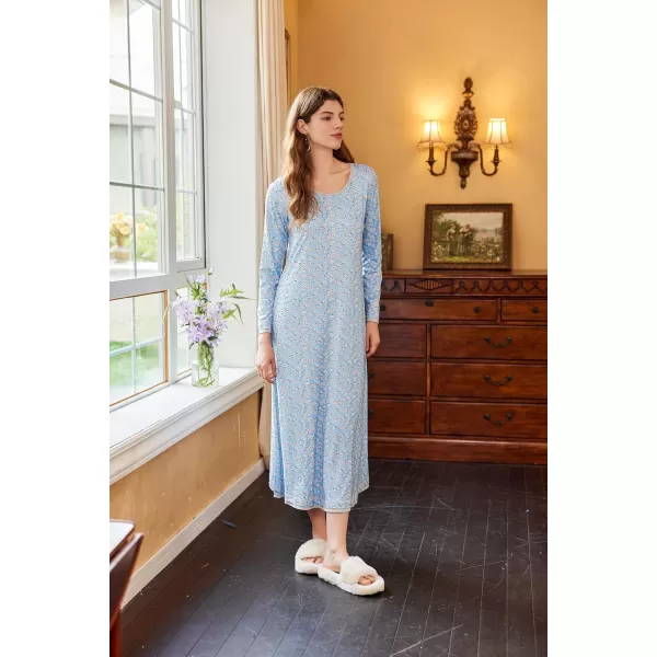 imageEkouaer Nightgown Women Long Sleeve Sleepwear Full Length Long Nightshirt Soft Loungewear S4XLBlue Floral