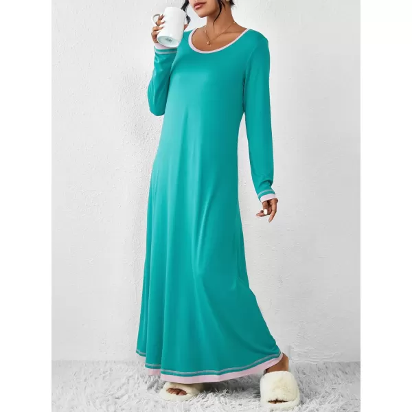 imageEkouaer Nightgown Women Long Sleeve Sleepwear Full Length Long Nightshirt Soft Loungewear S4XLBlue Green