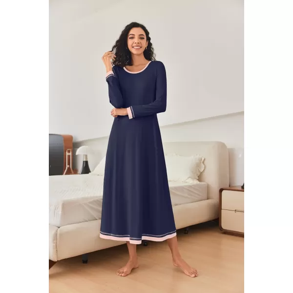 imageEkouaer Nightgown Women Long Sleeve Sleepwear Full Length Long Nightshirt Soft Loungewear S4XLNavy