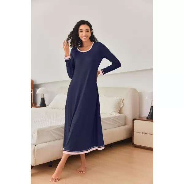 imageEkouaer Nightgown Women Long Sleeve Sleepwear Full Length Long Nightshirt Soft Loungewear S4XLNavy