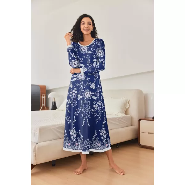 imageEkouaer Nightgown Women Long Sleeve Sleepwear Full Length Long Nightshirt Soft Loungewear S4XLNavy Flower