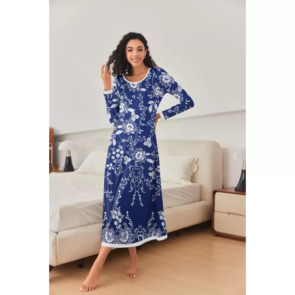 imageEkouaer Nightgown Women Long Sleeve Sleepwear Full Length Long Nightshirt Soft Loungewear S4XLNavy Flower