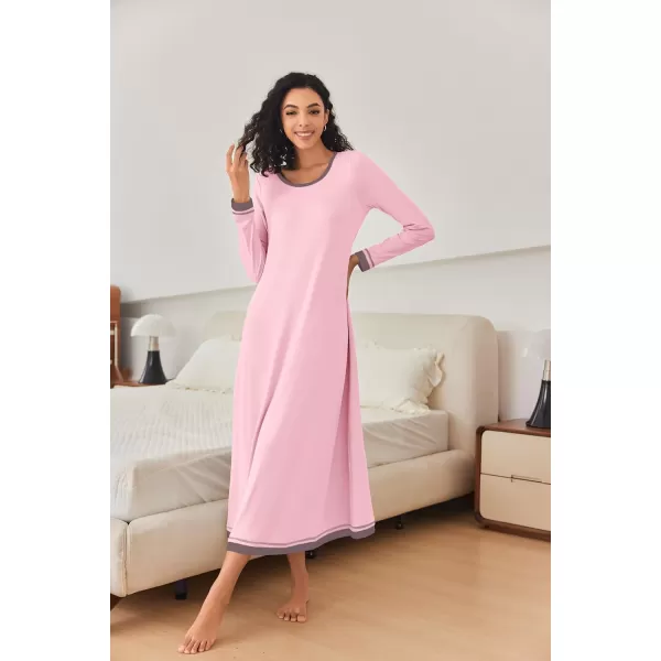 imageEkouaer Nightgown Women Long Sleeve Sleepwear Full Length Long Nightshirt Soft Loungewear S4XLPink