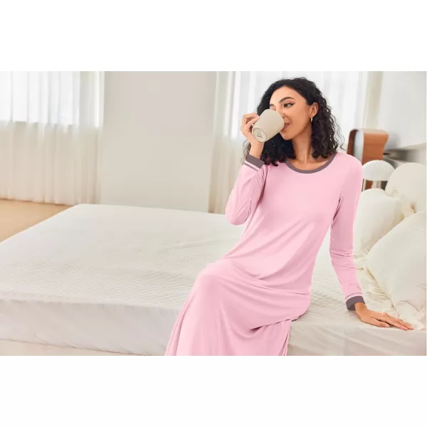 imageEkouaer Nightgown Women Long Sleeve Sleepwear Full Length Long Nightshirt Soft Loungewear S4XLPink