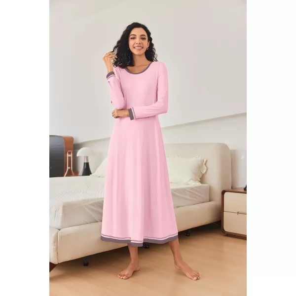 imageEkouaer Nightgown Women Long Sleeve Sleepwear Full Length Long Nightshirt Soft Loungewear S4XLPink