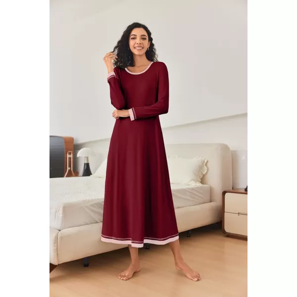 imageEkouaer Nightgown Women Long Sleeve Sleepwear Full Length Long Nightshirt Soft Loungewear S4XLWine Red