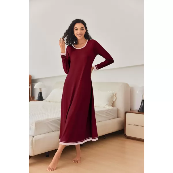 imageEkouaer Nightgown Women Long Sleeve Sleepwear Full Length Long Nightshirt Soft Loungewear S4XLWine Red