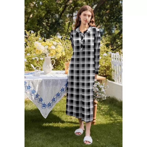 imageEkouaer Nightgowns for Women Long Sleeve Sleepshirt Button Nightshirt Plaid Full Length Sleepwear with Pockets SXXXLBlack Plaid