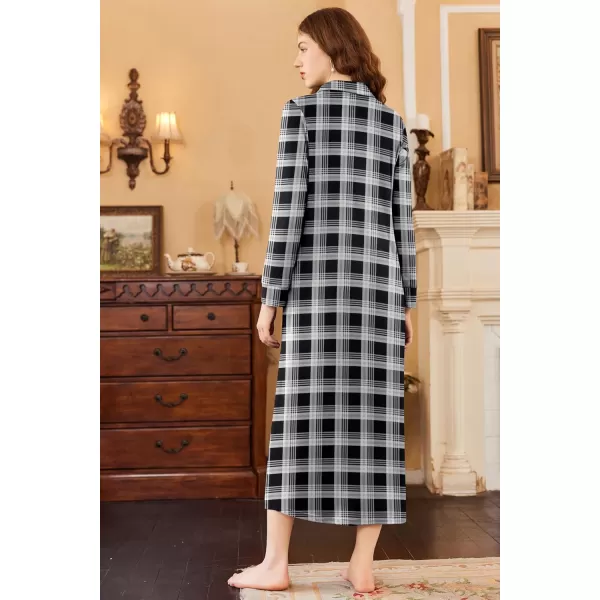 imageEkouaer Nightgowns for Women Long Sleeve Sleepshirt Button Nightshirt Plaid Full Length Sleepwear with Pockets SXXXLBlack Plaid