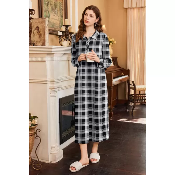 imageEkouaer Nightgowns for Women Long Sleeve Sleepshirt Button Nightshirt Plaid Full Length Sleepwear with Pockets SXXXLBlack Plaid