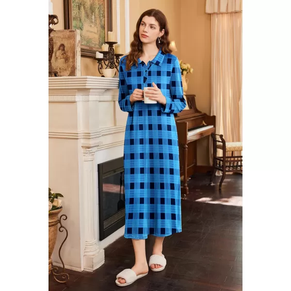 imageEkouaer Nightgowns for Women Long Sleeve Sleepshirt Button Nightshirt Plaid Full Length Sleepwear with Pockets SXXXLBlue Black Plaid