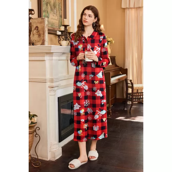 imageEkouaer Nightgowns for Women Long Sleeve Sleepshirt Button Nightshirt Plaid Full Length Sleepwear with Pockets SXXXLChristmas Plaid