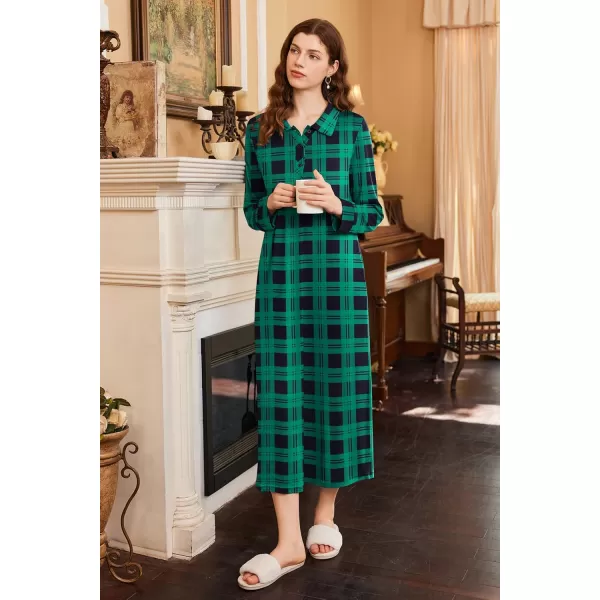 imageEkouaer Nightgowns for Women Long Sleeve Sleepshirt Button Nightshirt Plaid Full Length Sleepwear with Pockets SXXXLGreen Plaid