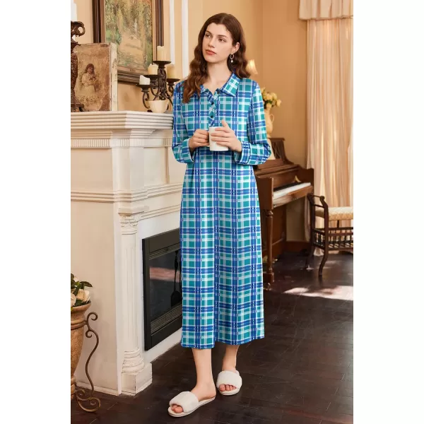imageEkouaer Nightgowns for Women Long Sleeve Sleepshirt Button Nightshirt Plaid Full Length Sleepwear with Pockets SXXXLLight Blue Plaid