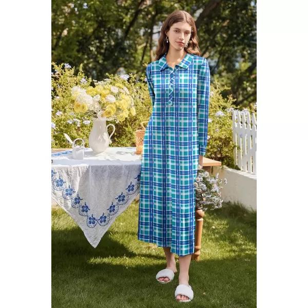 imageEkouaer Nightgowns for Women Long Sleeve Sleepshirt Button Nightshirt Plaid Full Length Sleepwear with Pockets SXXXLLight Blue Plaid