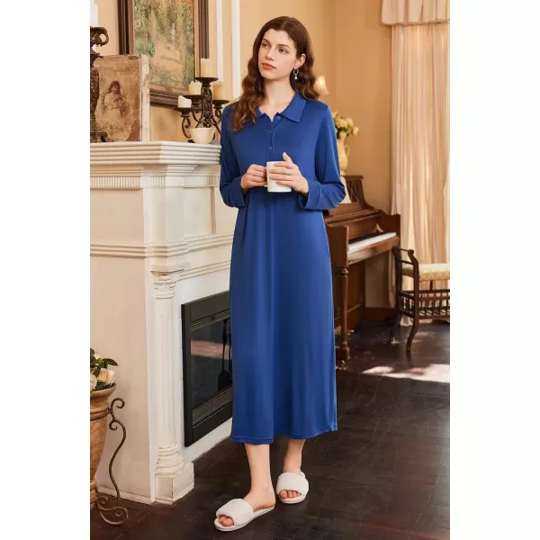 imageEkouaer Nightgowns for Women Long Sleeve Sleepshirt Button Nightshirt Plaid Full Length Sleepwear with Pockets SXXXLNavy Blue