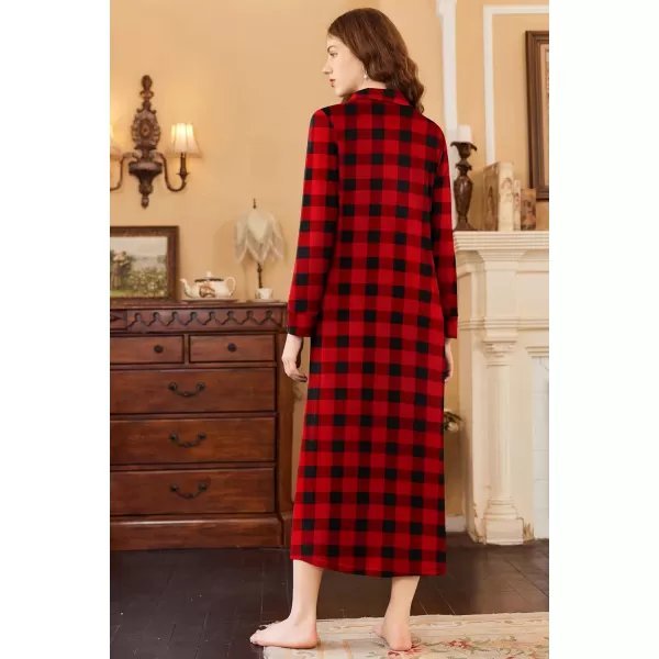 imageEkouaer Nightgowns for Women Long Sleeve Sleepshirt Button Nightshirt Plaid Full Length Sleepwear with Pockets SXXXLRed Black Plaid