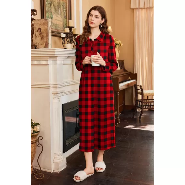 imageEkouaer Nightgowns for Women Long Sleeve Sleepshirt Button Nightshirt Plaid Full Length Sleepwear with Pockets SXXXLRed Black Plaid