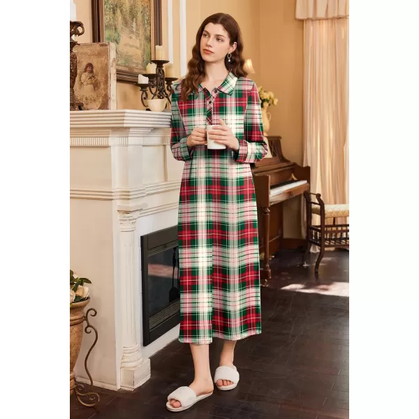 imageEkouaer Nightgowns for Women Long Sleeve Sleepshirt Button Nightshirt Plaid Full Length Sleepwear with Pockets SXXXLRed Green Plaid