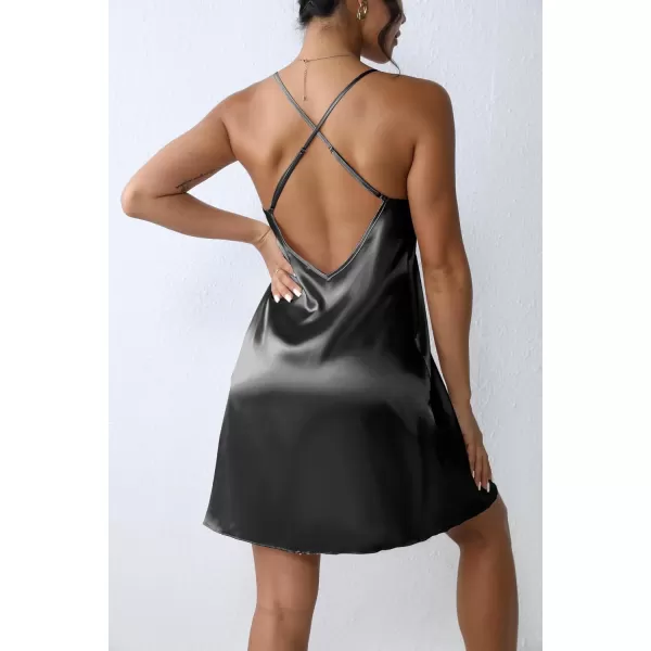 imageEkouaer Satin Nightgown Silk Full Slip Dress Woman Sleepwear Lingerie Dress Silk Mini Slip Chemise Nightgown SXXLBlack