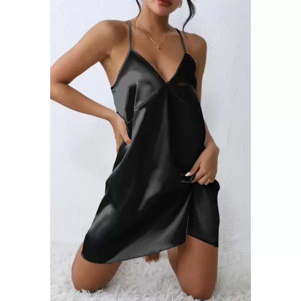 imageEkouaer Satin Nightgown Silk Full Slip Dress Woman Sleepwear Lingerie Dress Silk Mini Slip Chemise Nightgown SXXLBlack