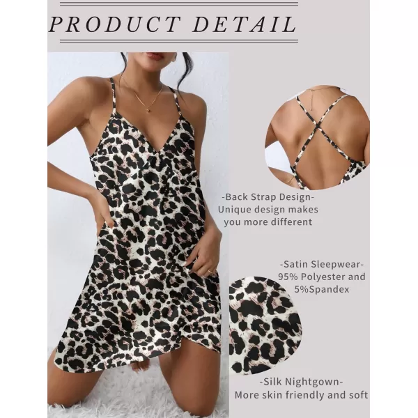 imageEkouaer Satin Nightgown Silk Full Slip Dress Woman Sleepwear Lingerie Dress Silk Mini Slip Chemise Nightgown SXXLLeopard