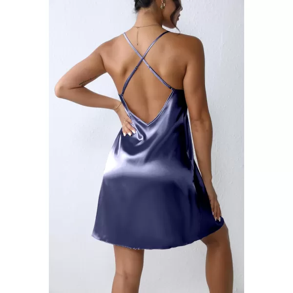 imageEkouaer Satin Nightgown Silk Full Slip Dress Woman Sleepwear Lingerie Dress Silk Mini Slip Chemise Nightgown SXXLNavy Blue