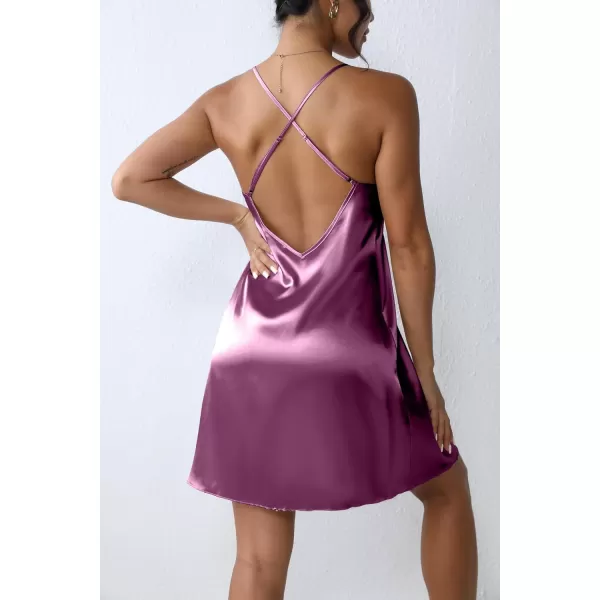 imageEkouaer Satin Nightgown Silk Full Slip Dress Woman Sleepwear Lingerie Dress Silk Mini Slip Chemise Nightgown SXXLPurple