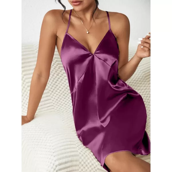 imageEkouaer Satin Nightgown Silk Full Slip Dress Woman Sleepwear Lingerie Dress Silk Mini Slip Chemise Nightgown SXXLPurple