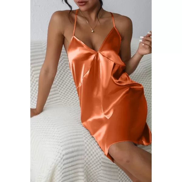 imageEkouaer Satin Nightgown Silk Full Slip Dress Woman Sleepwear Lingerie Dress Silk Mini Slip Chemise Nightgown SXXLRust Brown