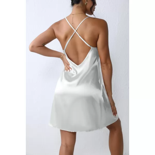 imageEkouaer Satin Nightgown Silk Full Slip Dress Woman Sleepwear Lingerie Dress Silk Mini Slip Chemise Nightgown SXXLWhite