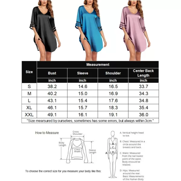 imageEkouaer Satin Nightgown for Women 34 Sleeve Silk Sleep Shirt V Neck Knee Length Sleep DressNavy Blue